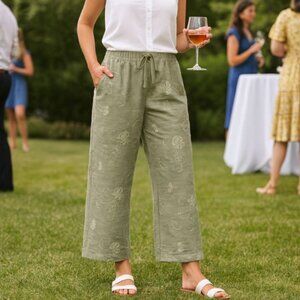 WREN Women's Wide Leg Pants XL Sage Green Embroidered Stretch Waist